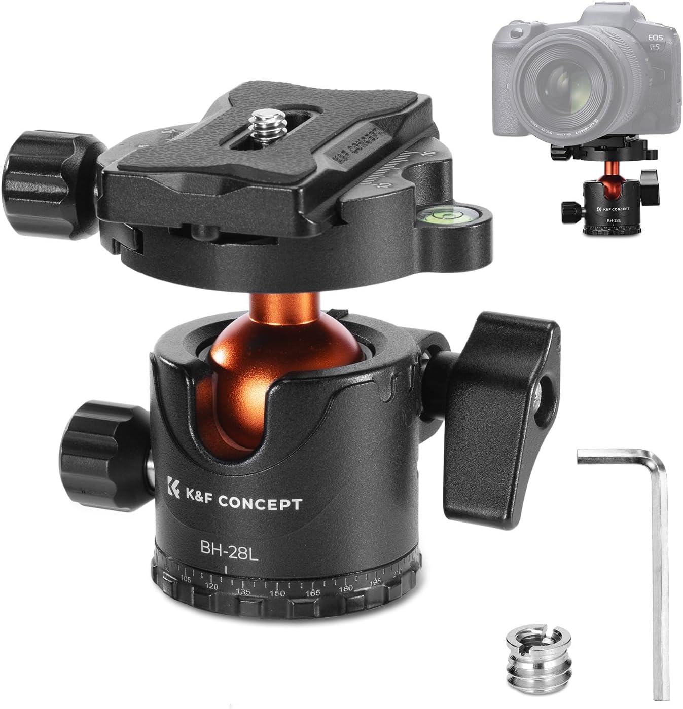 K&F Concept Professional 28mm Metal Tripod Ball Head 360 Degree Rotating Panoramic with 1/4 inch Quick Release Plate Bubble Level for Tripod Monopod Slider Camera Camcorder up to 22 pounds