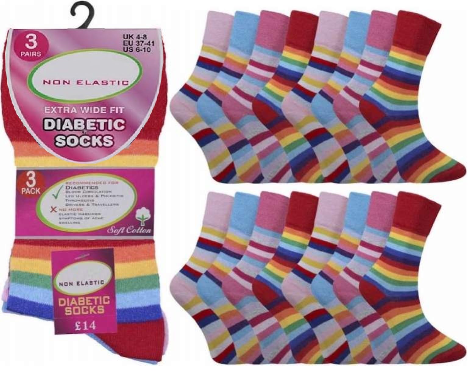 Onlybee Women's Multicolour 6 Pairs Of Wide Non Binding Diabetic Soft Loose Top Rainbow Stripe Socks