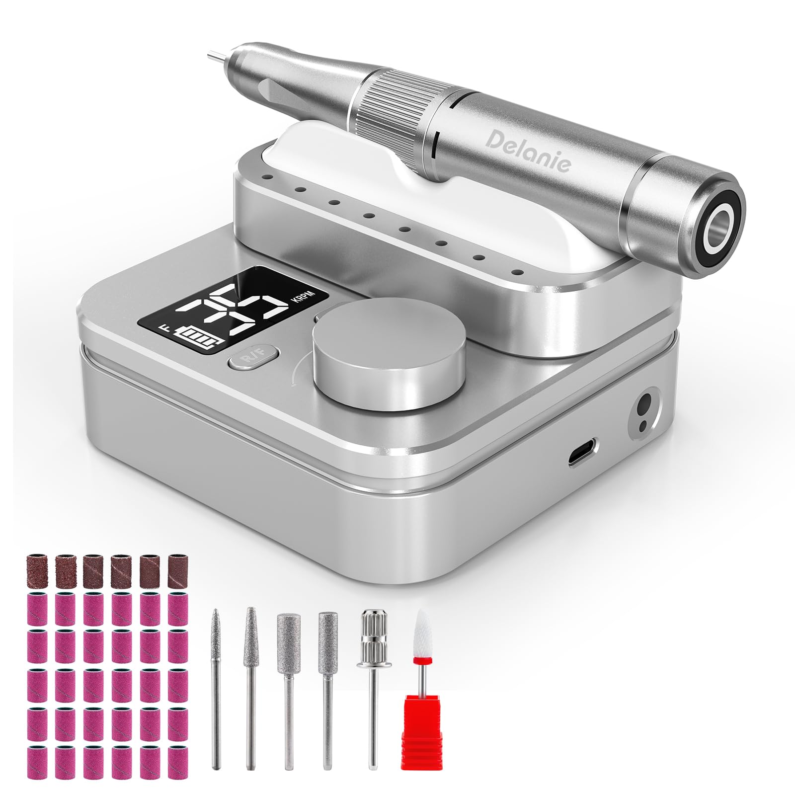 Delanie Elektrischer Nagelfräser für Gelnägel 35000 U/Min, Wiederaufladbar Nagel Fräser für Nägel mit Handstück-Halter, Nagelfräser Professionell mit LED Anzeige & Pause Funktion für Maniküre Pediküre