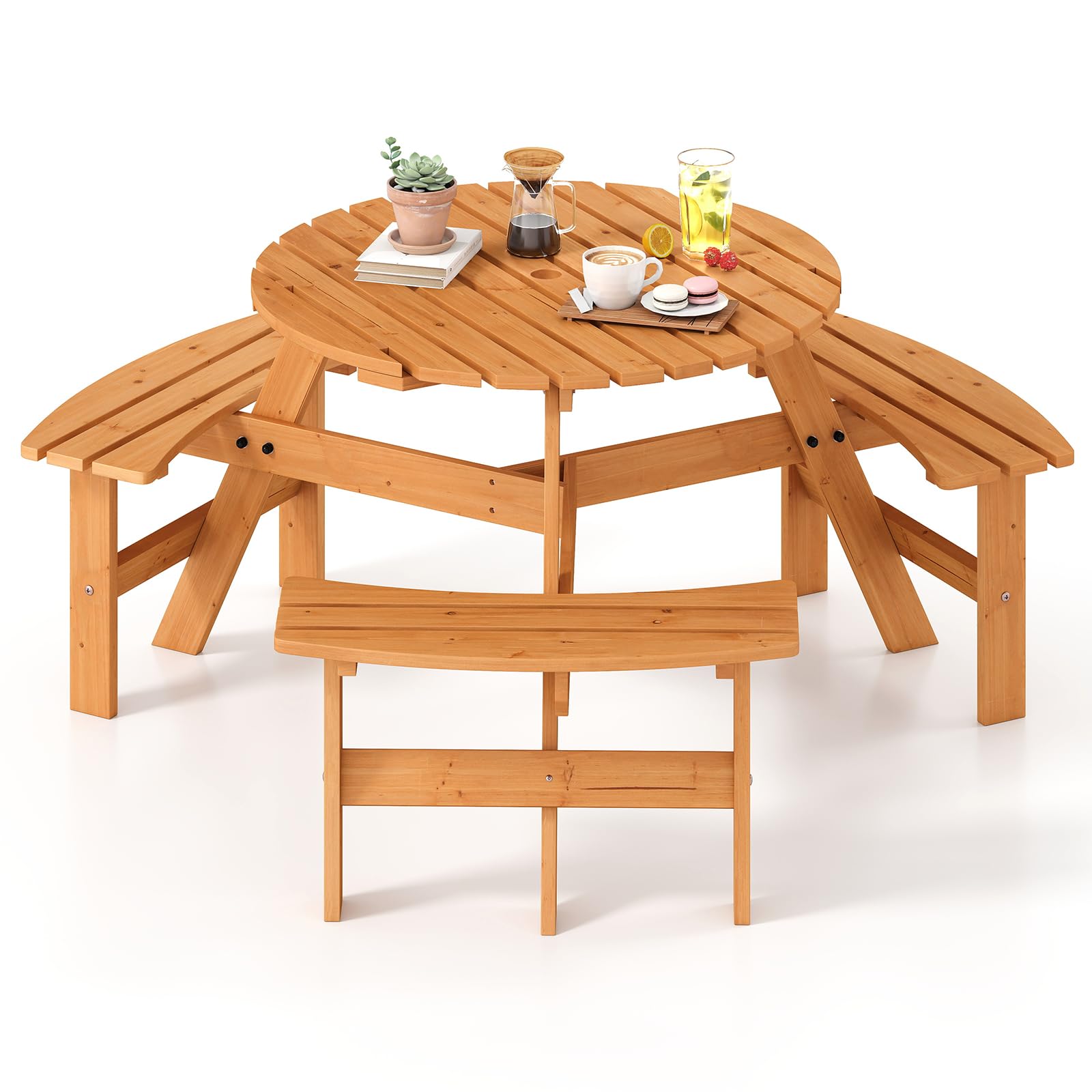 Tangkula 6-Person Wood Picnic Table, Outdoor Round Table and Bench Set with 3 Built-in Benches, Umbrella Hole, Perfect for Outside, Patio, Garden,
