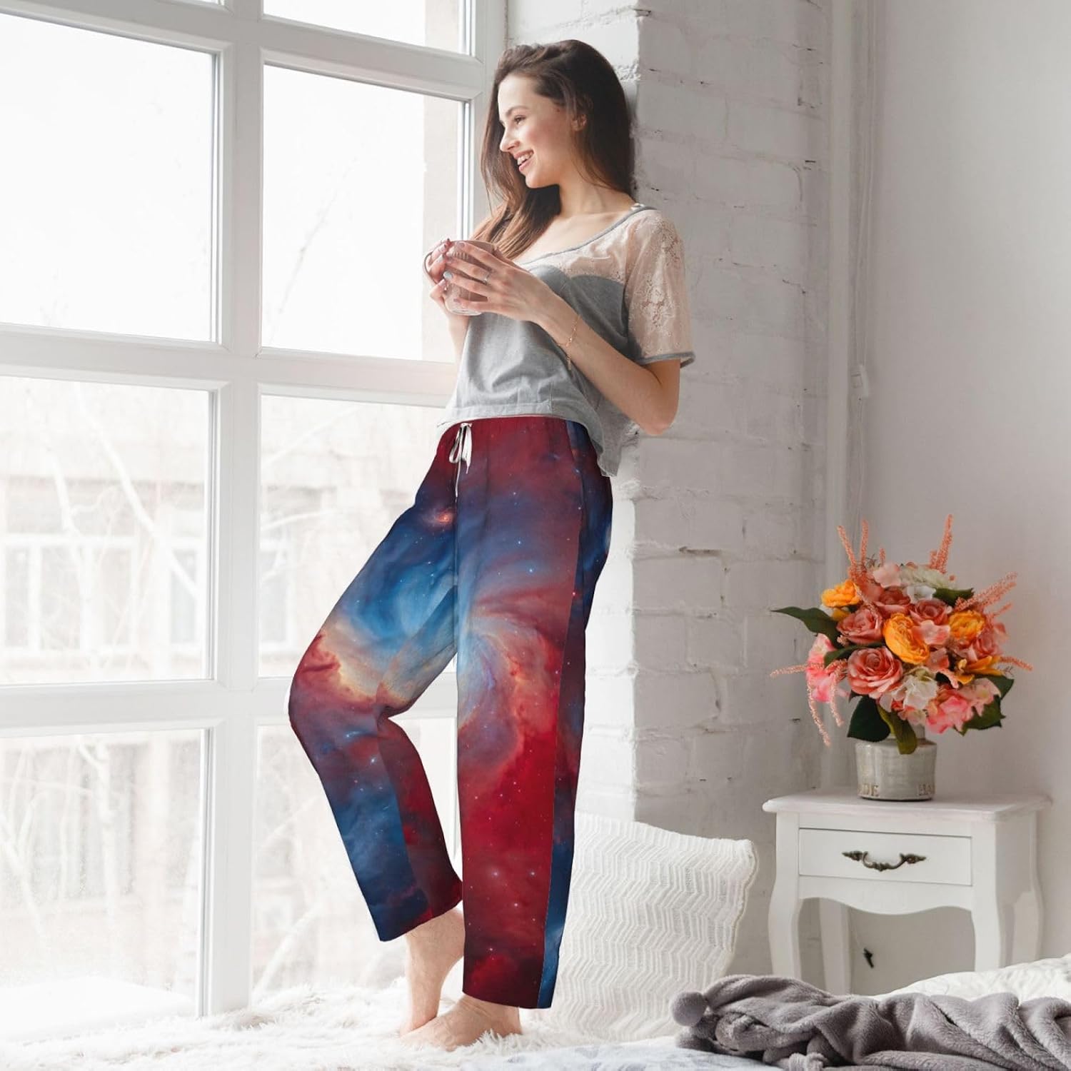 Red Blue Galaxy Print Fashion Cozy Womens Flannel Pajama Pants,Perfect For Christmas And Everyday Wear