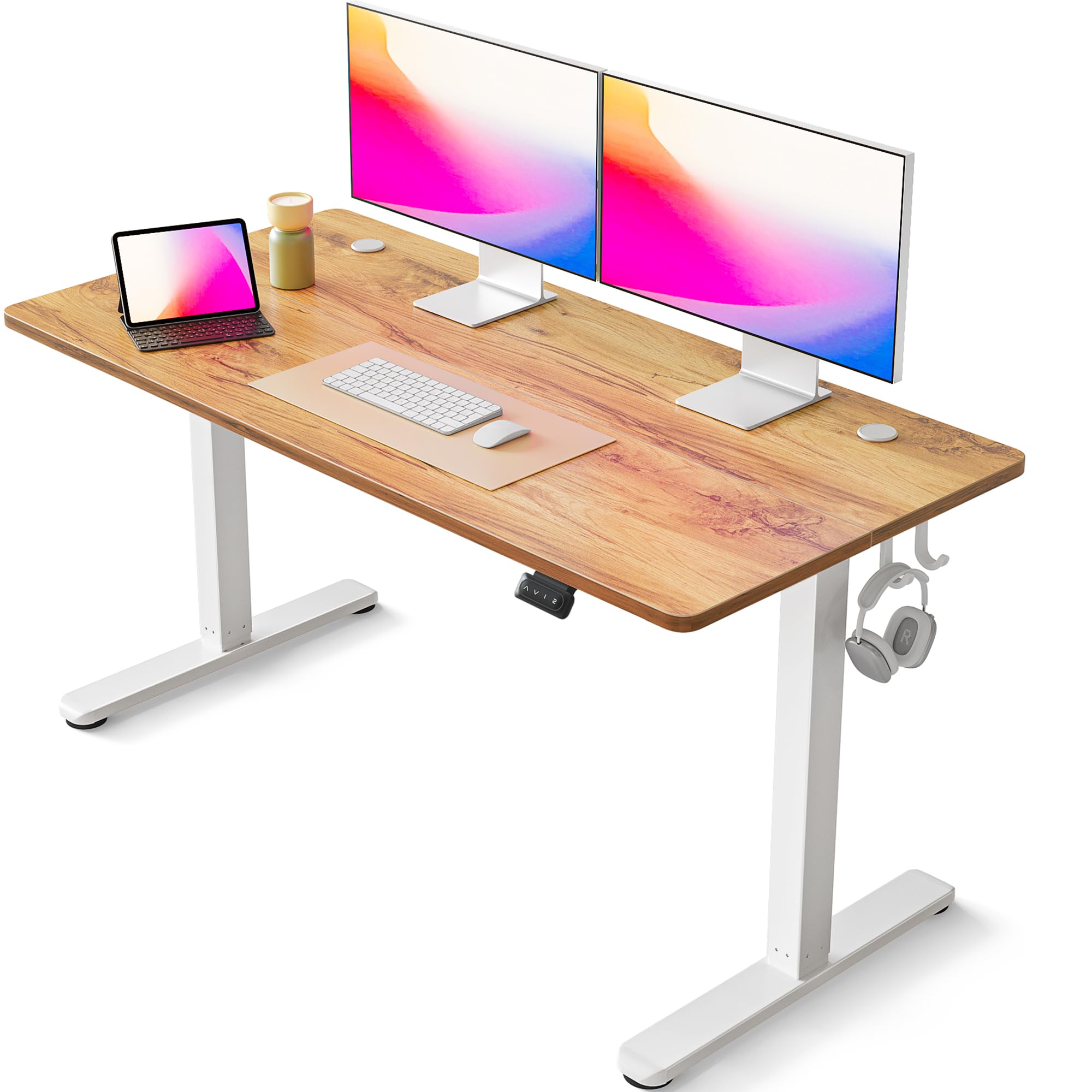FEZIBO Escritorio de Altura Regulable eléctrico, 140 x 60 cm, Escritorio de pie con Control de Memoria y tecnología anticolisiones, Marco Blanco/Tablero marrón Claro