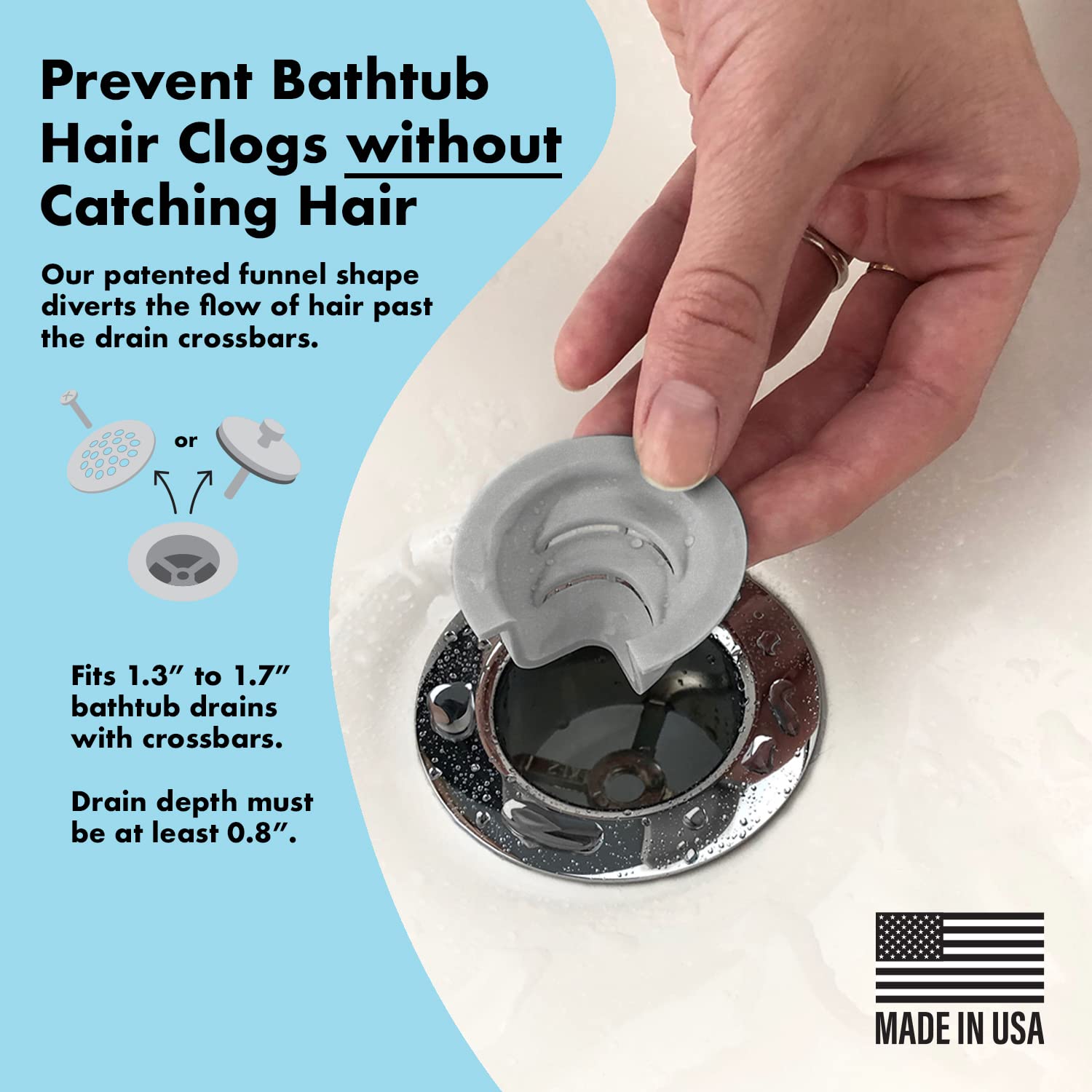 DrainFunnel Bathtub Drain Funnel for Hair Clog Prevention 2 Size Pack 1.3"-1.7" Tub Drains (Gray), Grey - Image 2