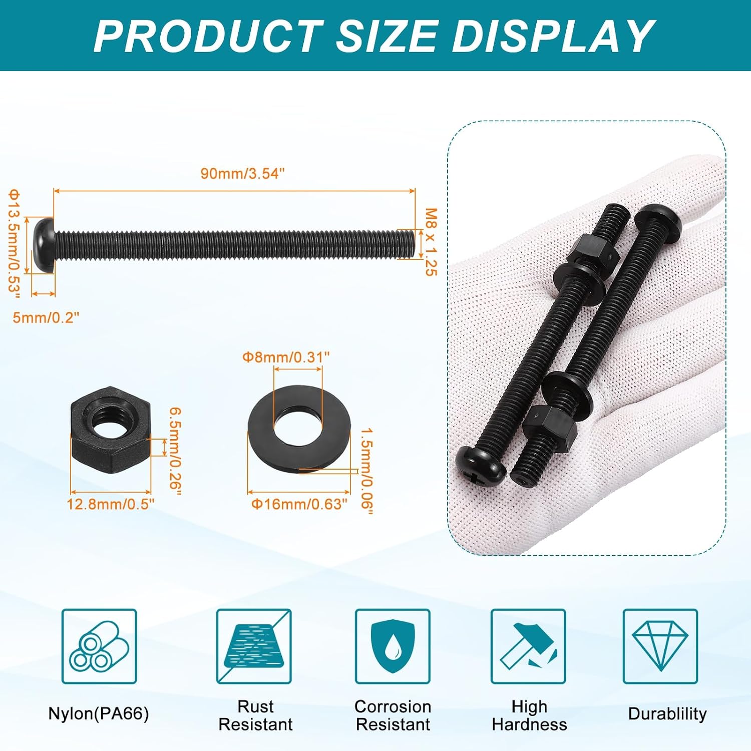 MECCANIXITY 10 Set M8x90mm Nylon PA66 Plastic Cross Round Head Screw Phillips Bolts Hex Nuts Flat Washers Assortment Kit, Metric Full Thread Bolt Fasteners for DIY Machine Assembly, Black