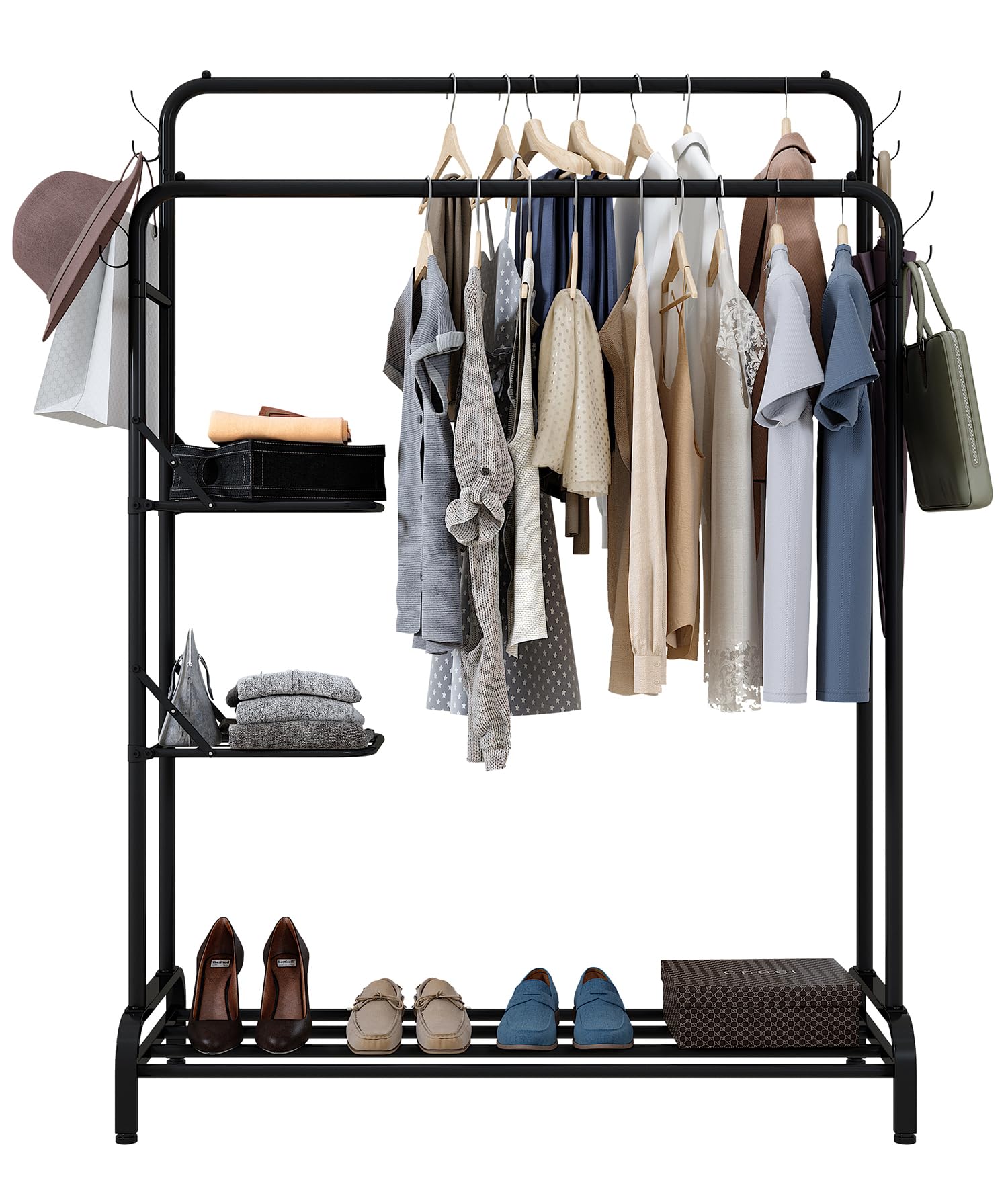 Klass Home Collection Black Heavy Duty Clothes Rail For Bedroom, Home & Shops, 100Kg Load Clothes Rack With Adjustable Shelves, Free Standing Wardrobe Metal Double Clothing Rail For Hanging Garments, Coats