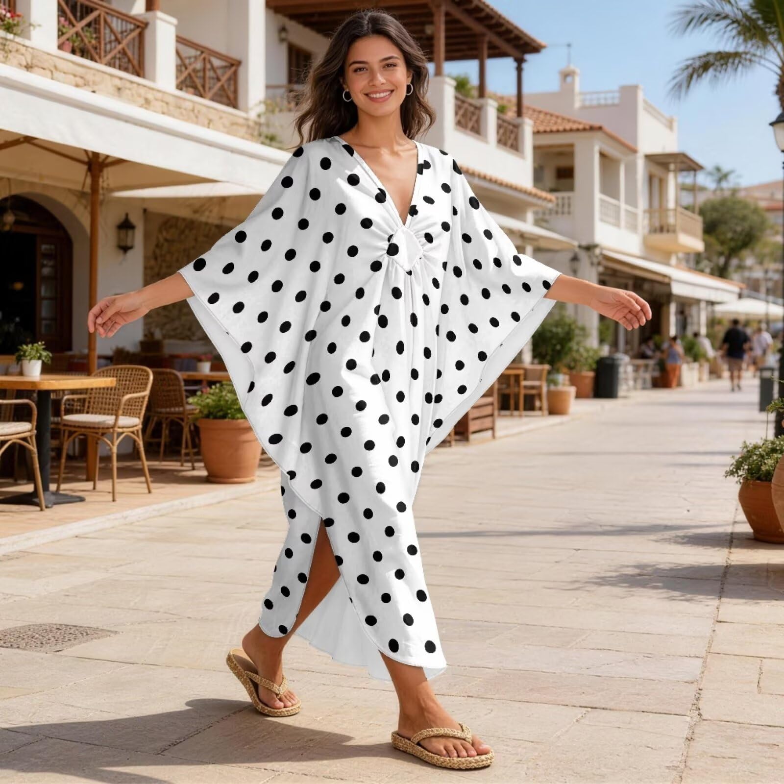 Xoenoiee Abito caftano da donna, taglie forti, hawaiano con maniche a pipistrello, copricostume estivo con scollo a V, abito da caftano