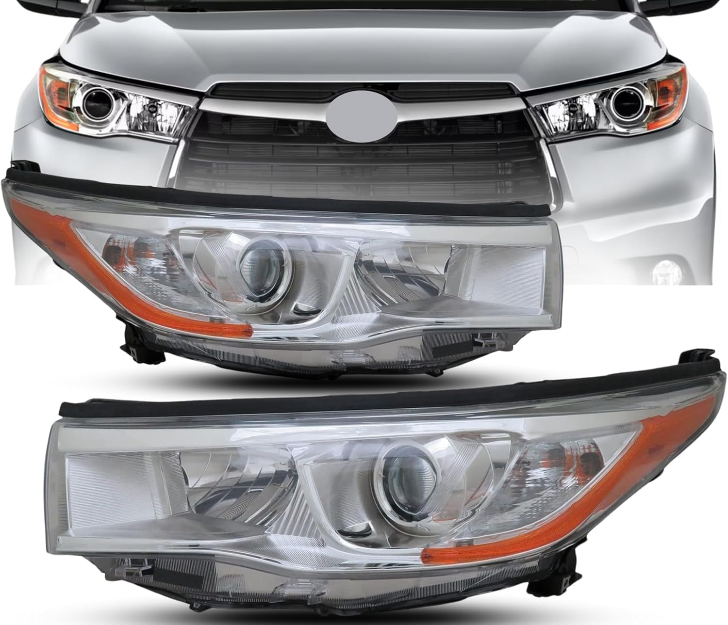 Replacement For 2014 2015 2016 Toyota Highlander XLE/Limited/LE/LE Plus Halogen Headlight Assembly Headlamp w/Bulb, DOT/SAE, Right & Left Side Pair TO2503221, TO2502221/ 81110-0E180, 81150-0E180