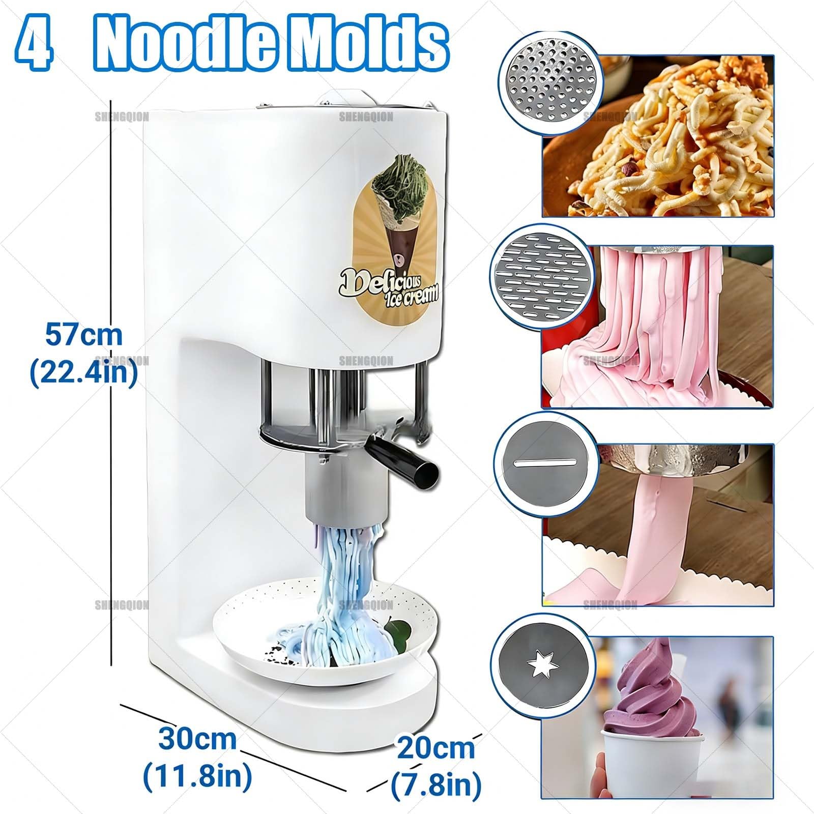 Prensa Para Helado Tipo Espagueti, Máquina Comercial Para Fideos De Helado, 4 Moldes Intercambiables, Rendimiento De 7.9 Gal/H (6-8 S/Taza), Para Heladerías Y Uso Comercial(White)