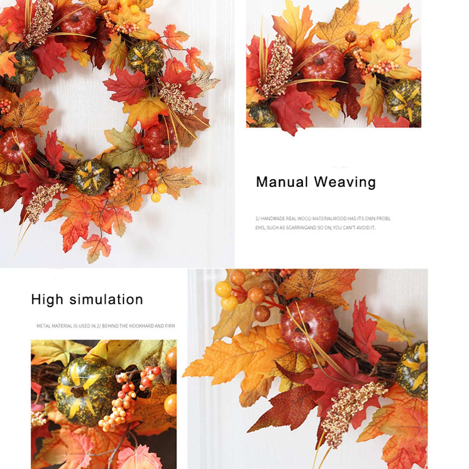 Couronnes d'automne avec lumière LED 40cm, décoration d'automne Feuille d'érable Citrouille Fleur Artificielle Couronne Porte d'entrée Halloween Thanksgiving Mur Maison Décoration d'automne