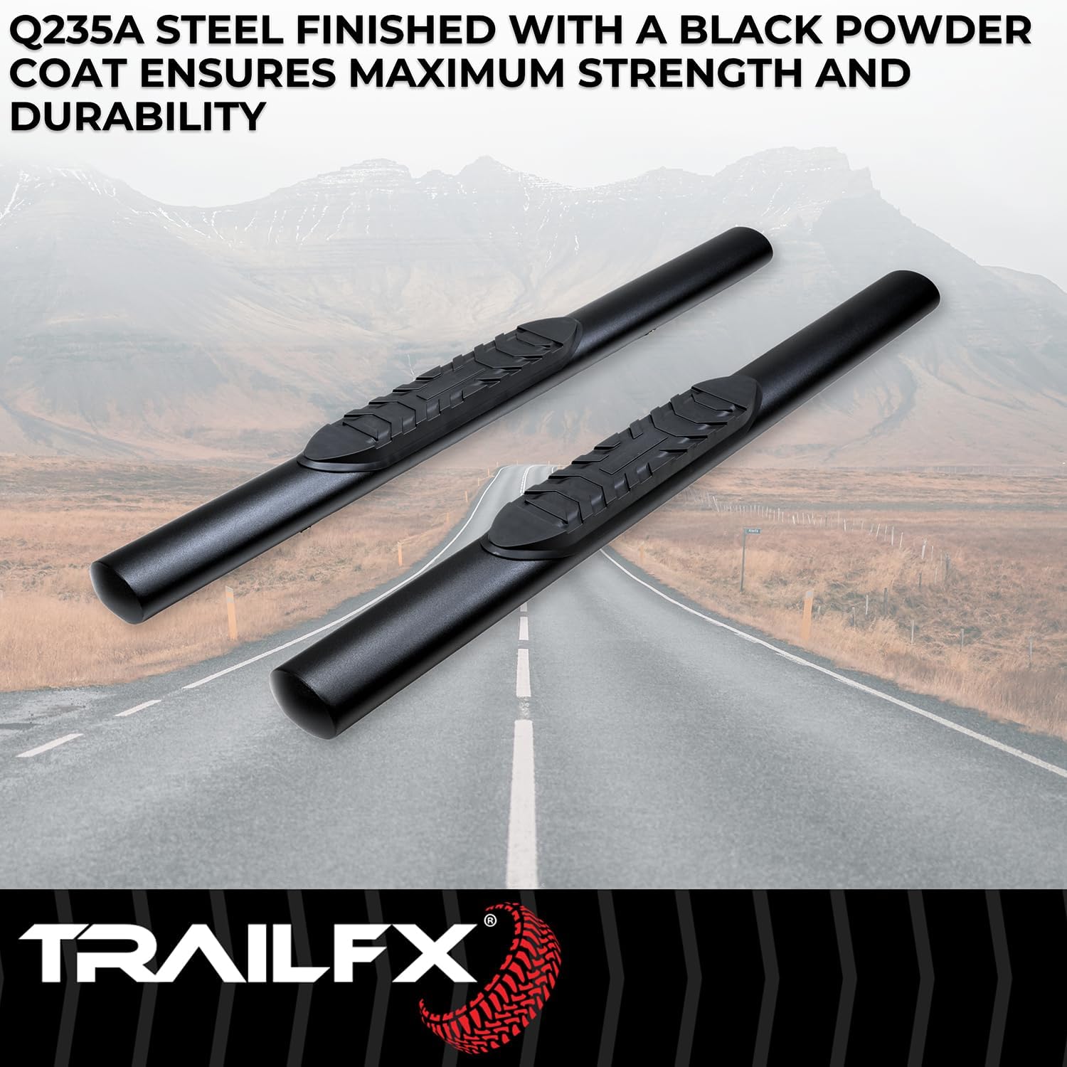 TrailFX Side Steps Fits 2018-2025 Jeep Wrangler JL 4 Inch Oval Tube Black Powder-Coated Mild Steel Rocker Panel Mount TrailFX A1546T