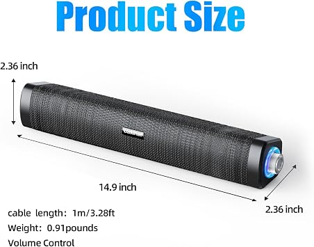 Uakinat Computer Speakers, USB Powered 3.5mm AUX Small PC Speakers, Colorful LED Lights with Key Buttons, Surround Sound Portable Computer Sound Bar for Desktop Laptop