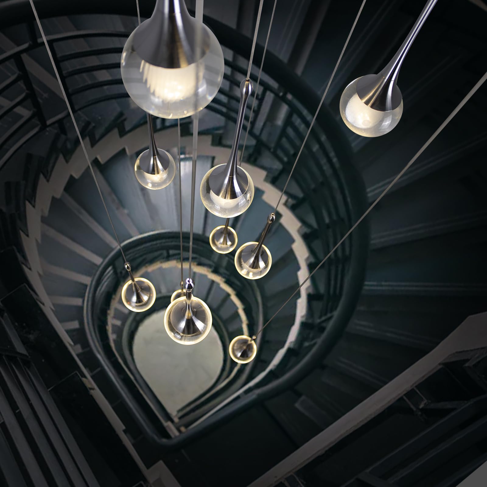 GINSENGLUX Modern LED Chandelier Staircase, Silver Crystal Raindrop Round Long Chandeliers Dimmable High Ceiling Chandeliers for Living Room Entryway Stair Foyer Hallway(12 Lights H118'')