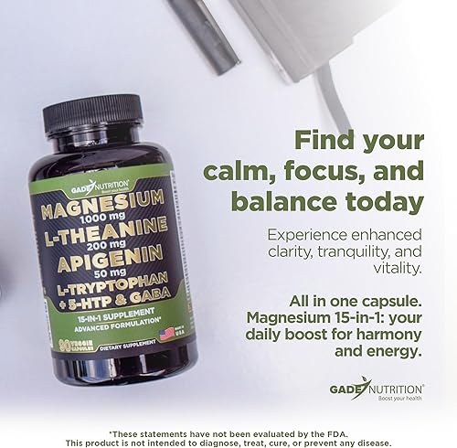 Miniatura 8 de Complejo de glicinato de magnesio 1000 mg con L-teanina 200 mg de apigenina 50 mg citrato malato taurato suplemento + manzanilla Ashwagandha 5-HTP,