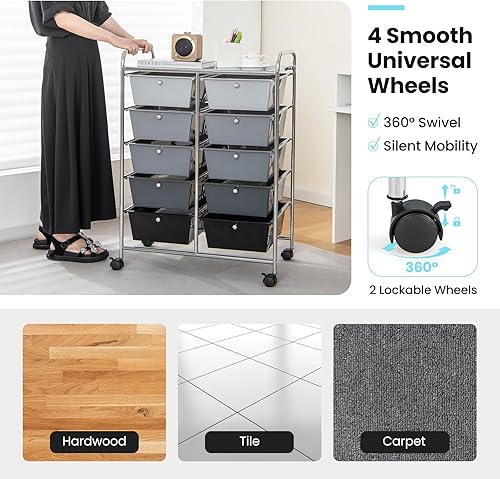 Miniatura 7 de Giantex Carrito con ruedas de 10 cajones, organizadores de aula, carrito de almacenamiento con ruedas, para profesores, oficina, hogar, suministros
