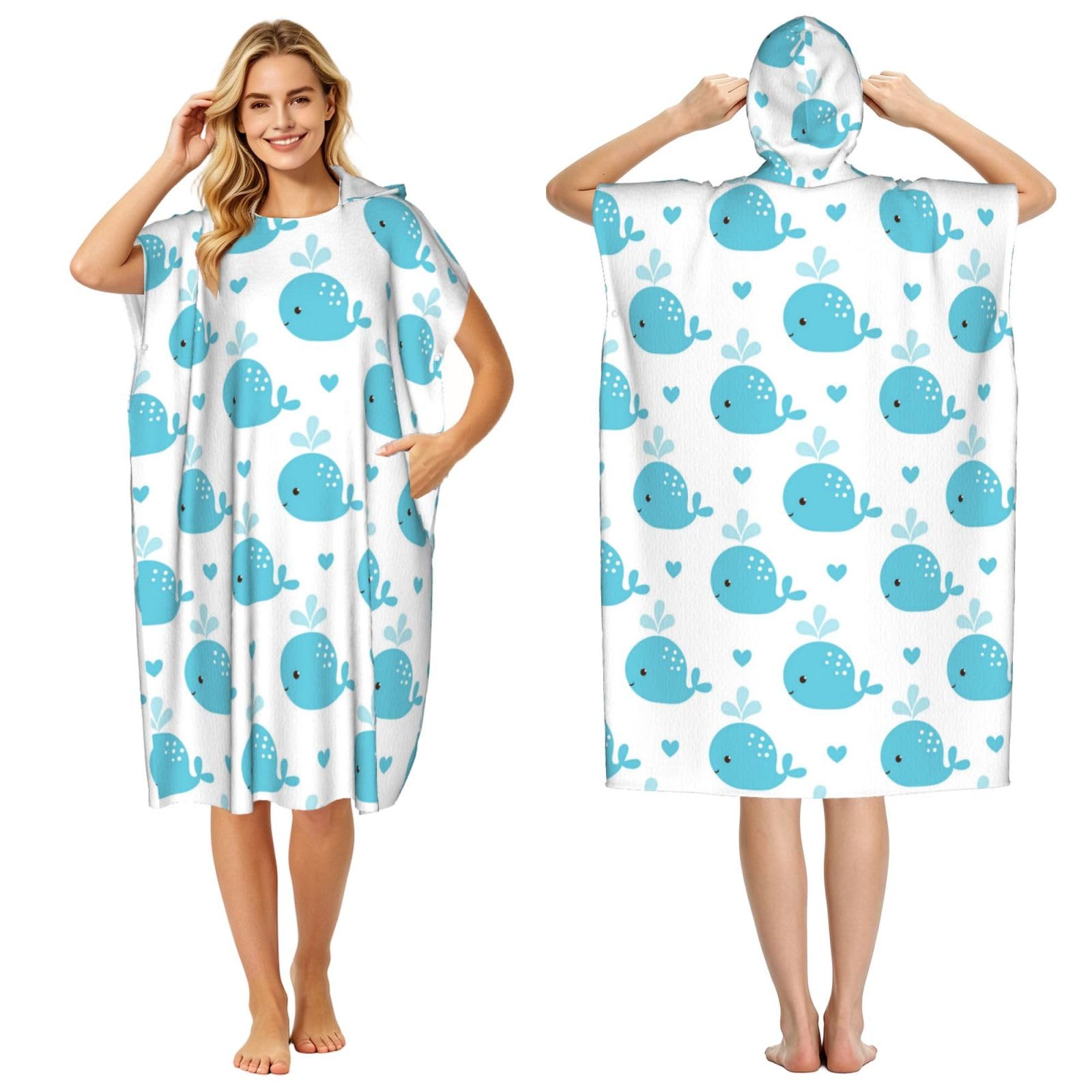 Poadnly Cute Blue Whales, Adult Hooded Beach Towel 90 x 110 cm,Changing Bath Robe, Surf Poncho Towel For Women Men