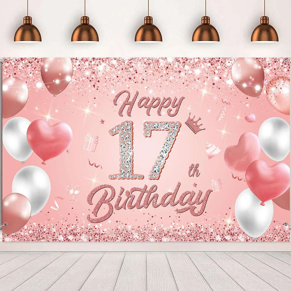 Happy 17th Birthday Banner Rose Gold 1.1 x 1.8m Happy Birthday Banner Backdrop 17th birthday decorations for Girls Women, 17 Years Old Anniversary Party Supplies