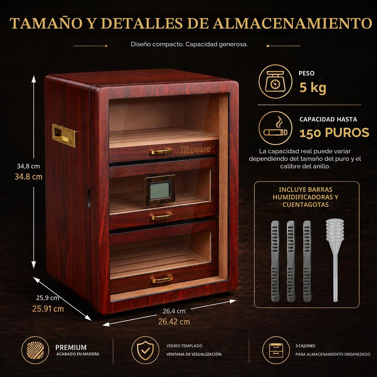 Armario Humidor para 150 Puros, Higrómetro Digital, Ébano
