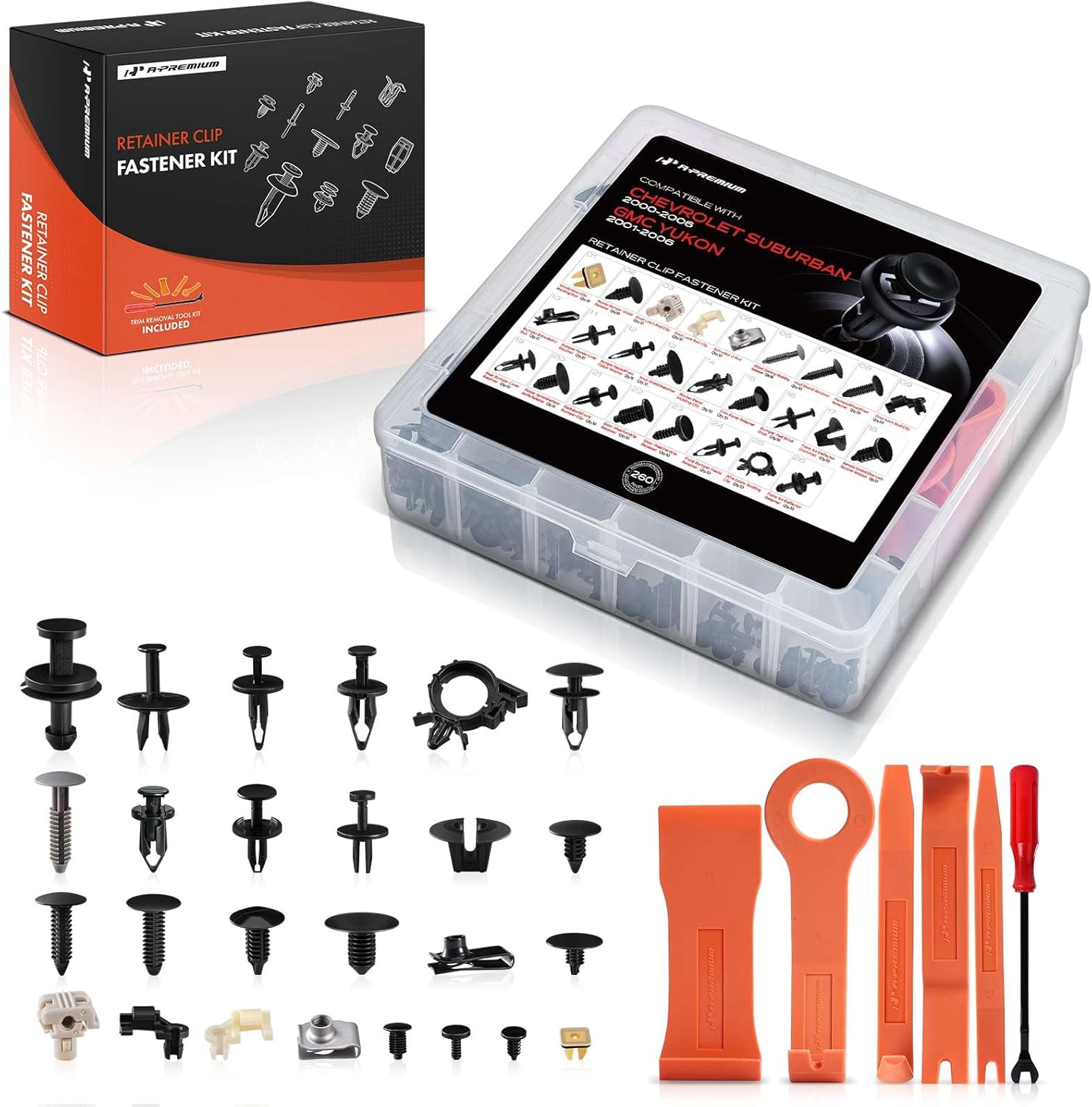 A-Premium 260PCS (26 Sizes/53 oz) Bumper Fender Retainer Clips Kit - Compatible with Chevrolet & GMC Yukon Suburban - Hood Door Trim Panel Push Pin Plastic Nylon Rivet Fastener Set, w/Removal Tool