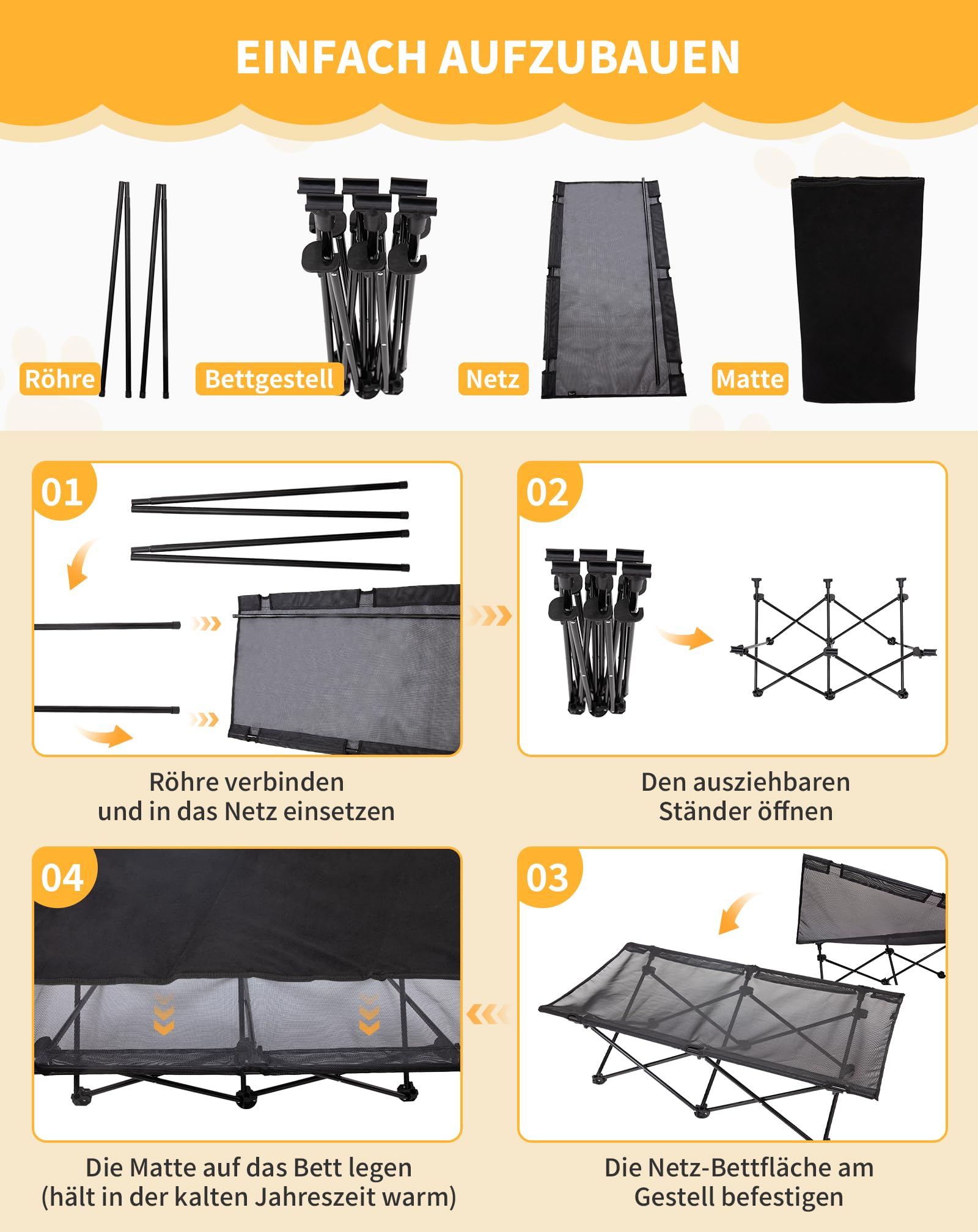 KingCamp Erhöhtes Hundebett Hundeliege Outdoor Haustierbett Haustierliege Atmungsaktivem Mesh & Wildledermatte & Rutschfesten Füßen für Reisen Garten Outdoor Indoor, Schwarz 121 × 68 × 30 cm