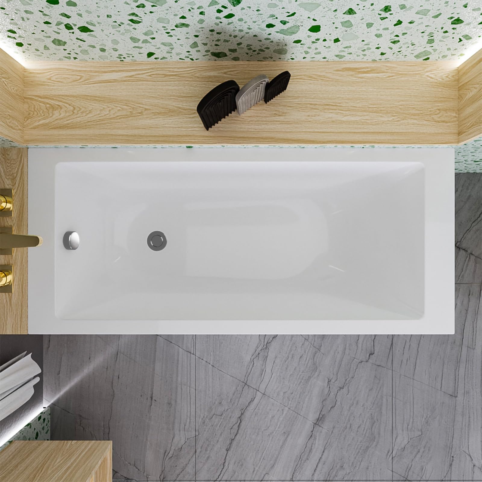 ECOLAM Vasca da bagno TAMI 140 x 70 cm + grembiule, vasca rettangolare in acrilico sanitario, set completo con grembiule acrilico, scarico e troppopieno, set di piedini automatici in silicone