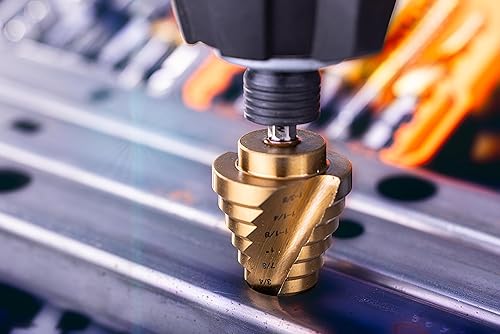 Miniatura 7 de NordWolf Broca de titanio SAE HSS, ranura en espiral, doble flauta Unibit con vástago hexagonal de 14 pulgadas para chapa, 10 tamaños de escalón