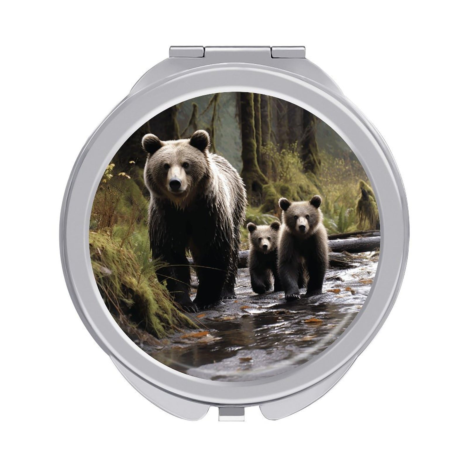 VstaDank Mother Bear and Her Cubs Travel Makeup Mirror Cute Compact Mirror for Women 1X/2X Magnifying Metal Pocket Makeup Mirrors Folding Round Makeup Mirrors for Handbag Wallet & Gift