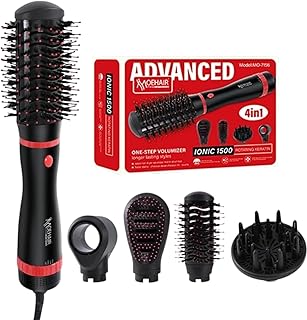 Advanced 4-in-1 Hot Air Styler Brush, 1500W Ionic Hair Dryer Volumiser with Rotating Keratin Technology, Model MO-7156, Black and Red