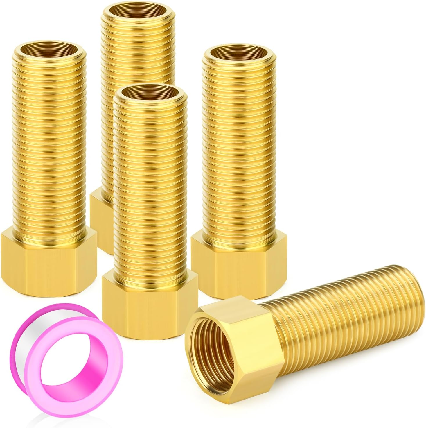 GASHER 5PCS 70mm Extension Brass Pipe Fitting, 1/2" Female to 1/2" Male Pipe Hex Bushing Adapter Converter Adapter
