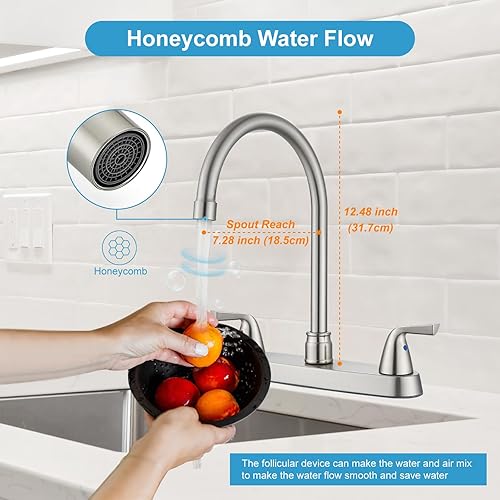 Miniatura 3 de Cinwiny Grifo de cocina de 8 pulgadas, juego central de grifos de fregadero de cocina, 2 manijas, arco alto, boquilla giratoria de 360 grados, con