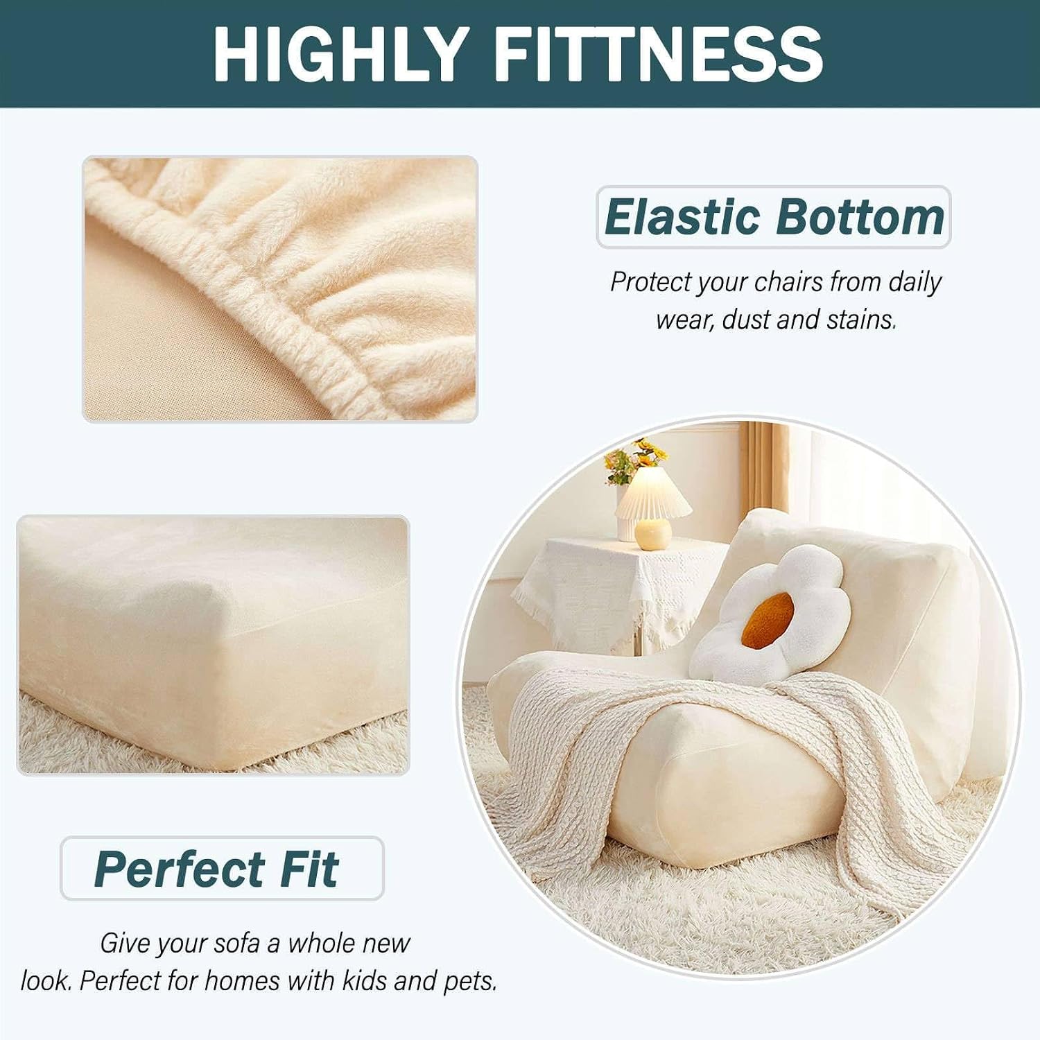 Lazy Floor Sofa Cover, Velvet Single Seated Fireside Chair Cover with Elastic Bottom Stretch Armless Lounge Chaise Slipcover Removable Furniture Protector for Living Room-Beige-1 Seater