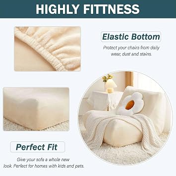 Lazy Floor Sofa Cover, Velvet Single Seated Fireside Chair Cover with Elastic Bottom Stretch Armless Lounge Chaise Slipcover Removable Furniture Protector for Living Room-Beige-1 Seater