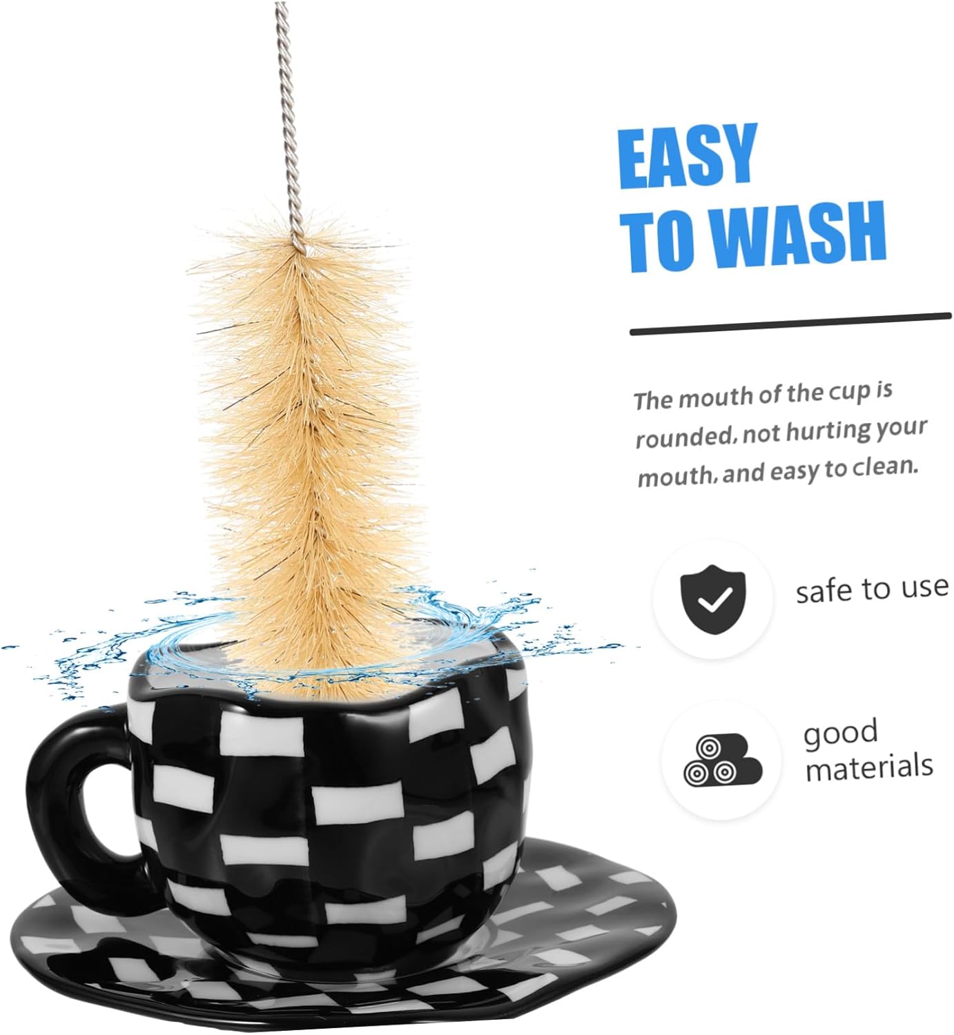 Vintage Hand-painted Black White Checkerboard Ceramic Coffee Mug with Saucer Sturdy Household Latte Cup for Desktop Water Tea Easy-clean Porcelain Drinkware for Kitchen and Living