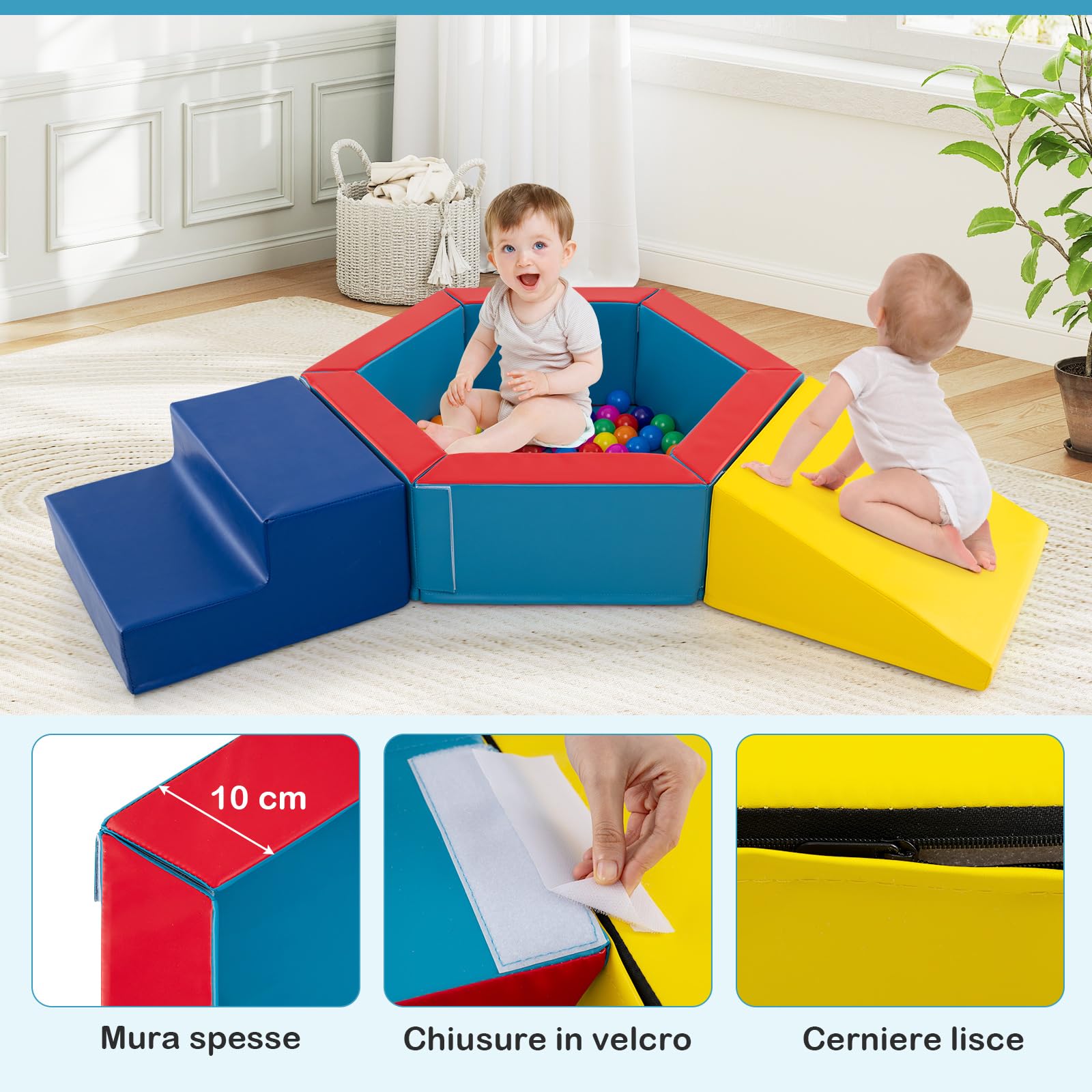 COSTWAY Set di 3 Blocchi da Arrampicata in Schiuma per Bambini, Set Gioco per Interni con Piscina di Palline, Triangolo, Scala e Palline Colorate per Bambini 1+ Anni