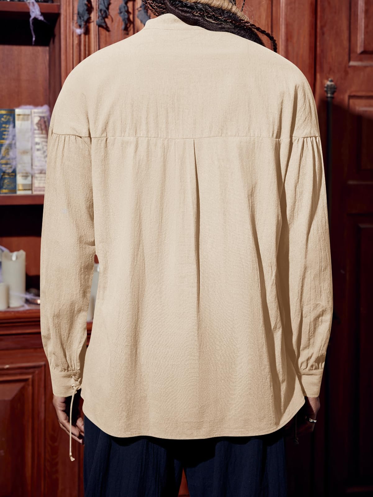 Runcati Medieval Shirt Men's Pirate Shirt Long Sleeve Steampunk Viking Renaissance Victorian Halloween Costume Shirt Tops, beige, XXL - Image 3