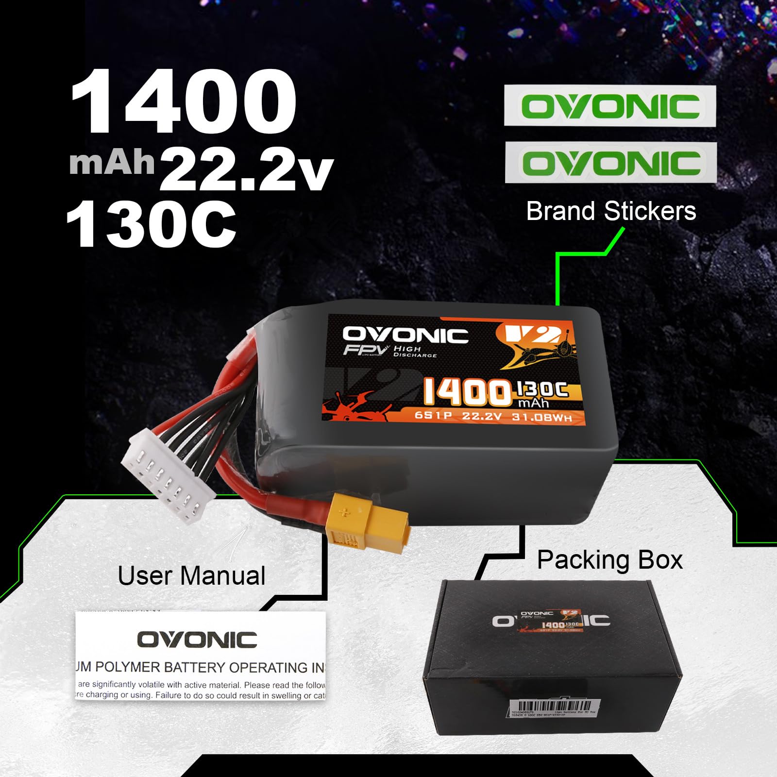OVONIC Batería de polímero de litio para helicóptero teledirigido FPV, avión, Quadcopter, Hobby Racing (6S, 1400 mAh, 22,2 V, 130 C, con conector XT60)