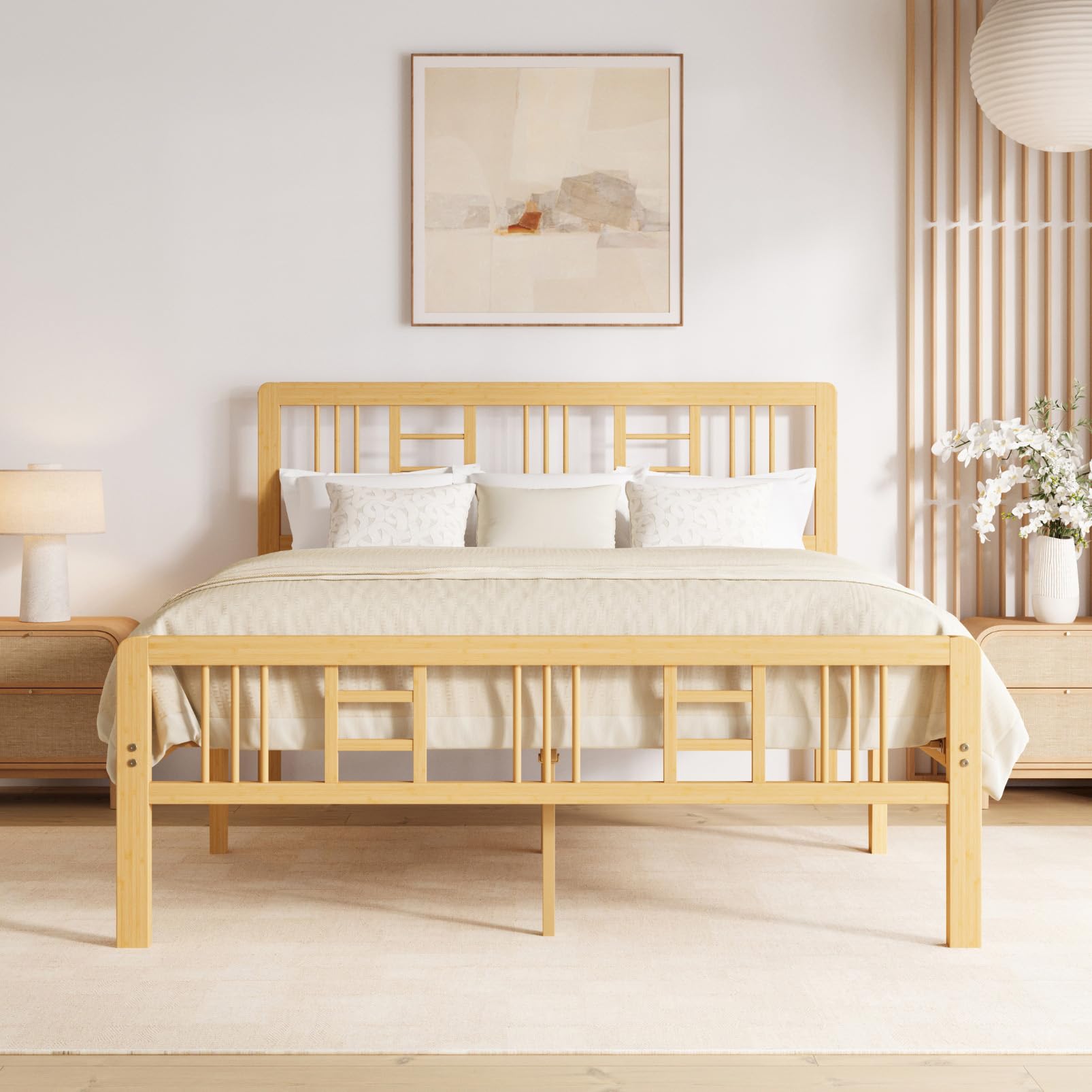 Hunlostten Bamboo Wood Platform Queen Size Bed Frame with Headboard and Footboard