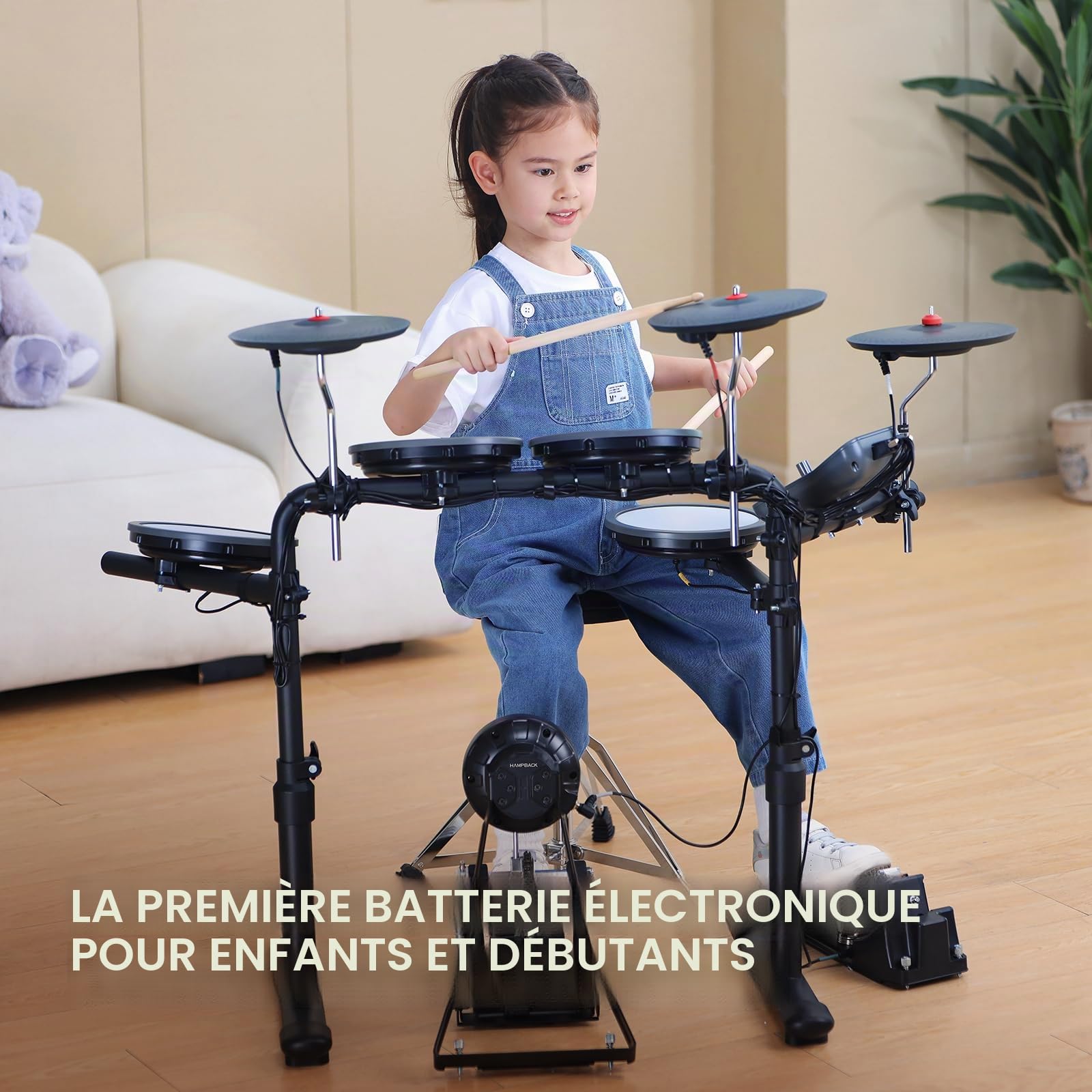 HAMPBACK MK-0 PRO Batterie électrique avec 4 coussinets de batterie en maille, 3 collisions en caoutchouc, grosse caisse, 12 kits et 68 sons authentiques, USB MIDI, trône, bâtons, casque, 2 pédales