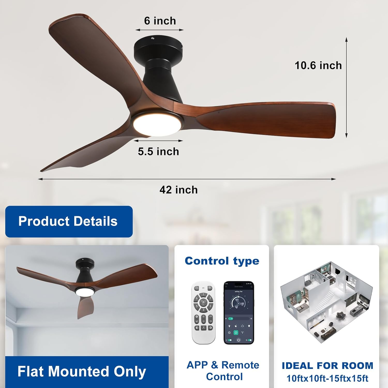 Diagram showing the dimensions of the Depuley 42-inch ceiling fan, including blade span, height, and light diameter.