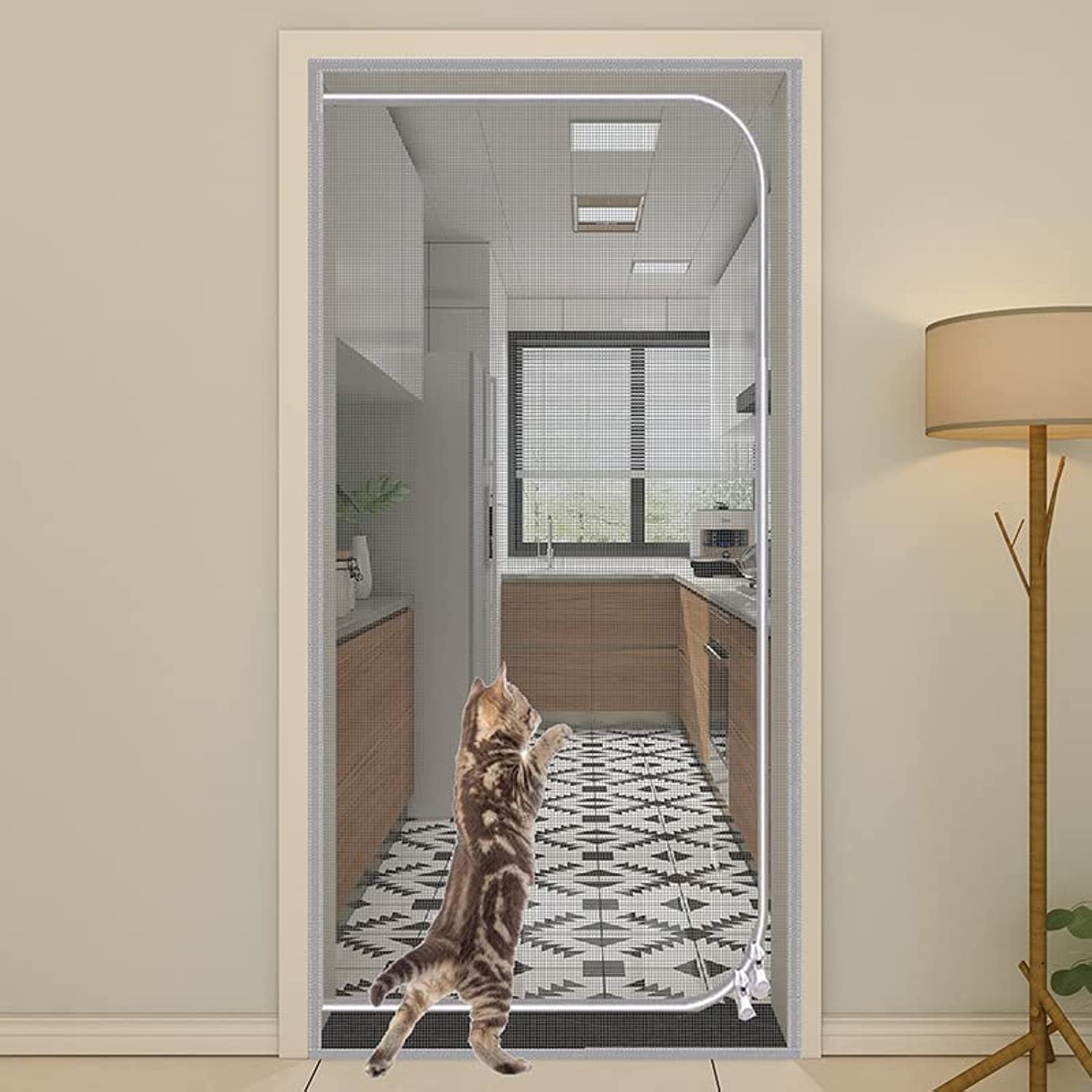 Jaffiust Reinforced Cat Screen Door,90 * 200cm Heavy Duty Pet Protection Screen Door with Double Sided Zipper to Prevent Dogs and Cats from Running Out of Home,Bedroom,Living Room(D shape)