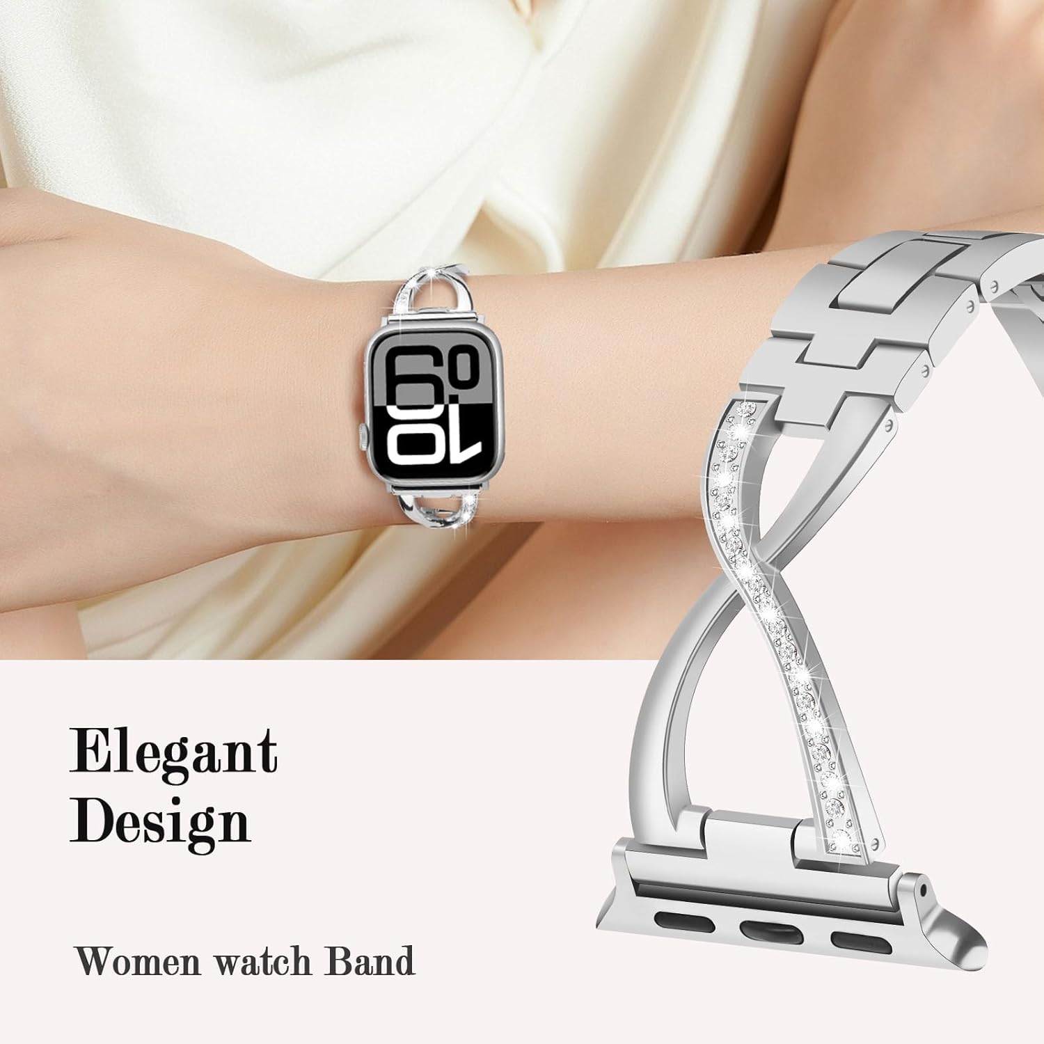 Metal Bands Compatible with Apple Watch Band for Women 38mm 40mm 41mm 42mm 44mm 45mm 46mm 49mm, Bling Dressy X-Shape Bracelet for iWatch Ultra SE Series 11 10 9 8 7 6 5 4 3 (Silver) - Image 2