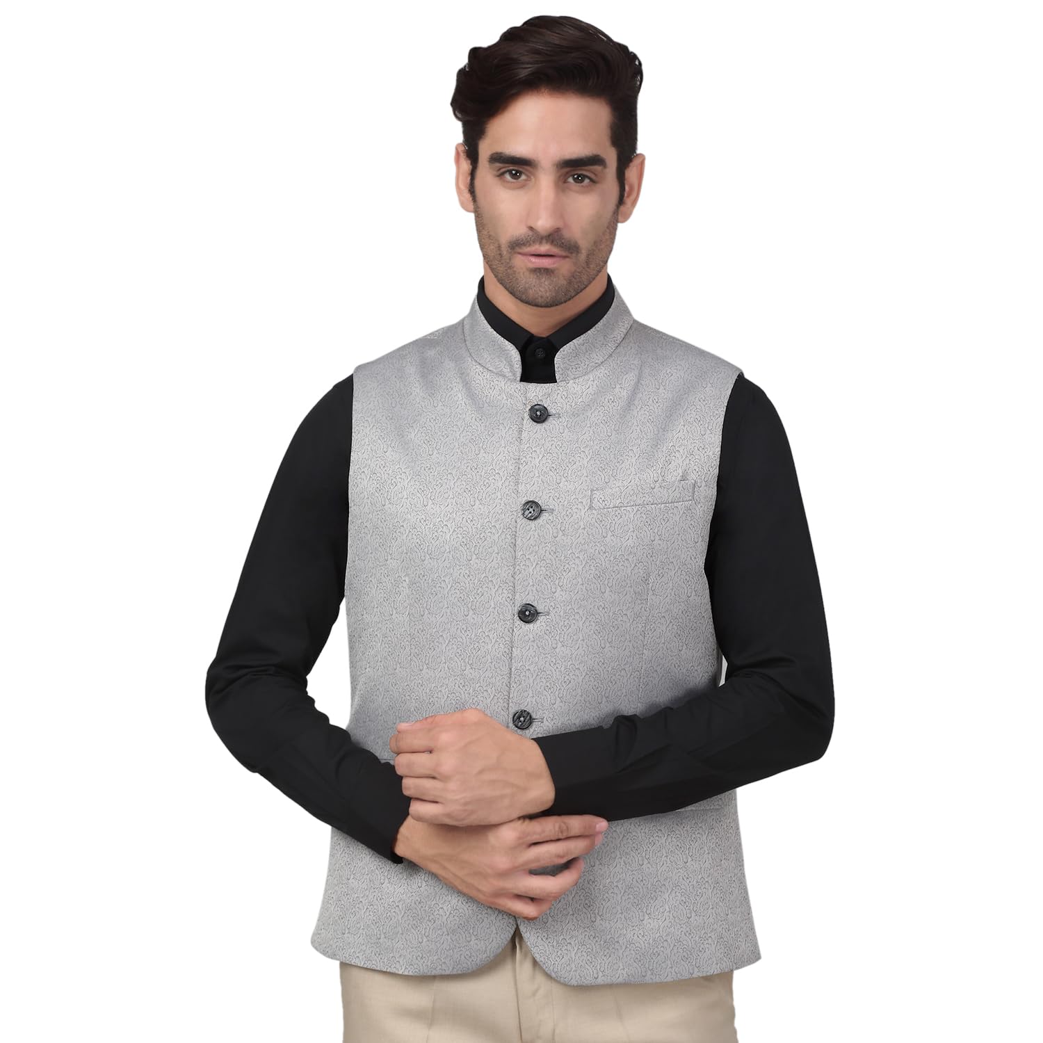 cantabil Men's Self Design Mandarin Collar Waist Coat-picture-36