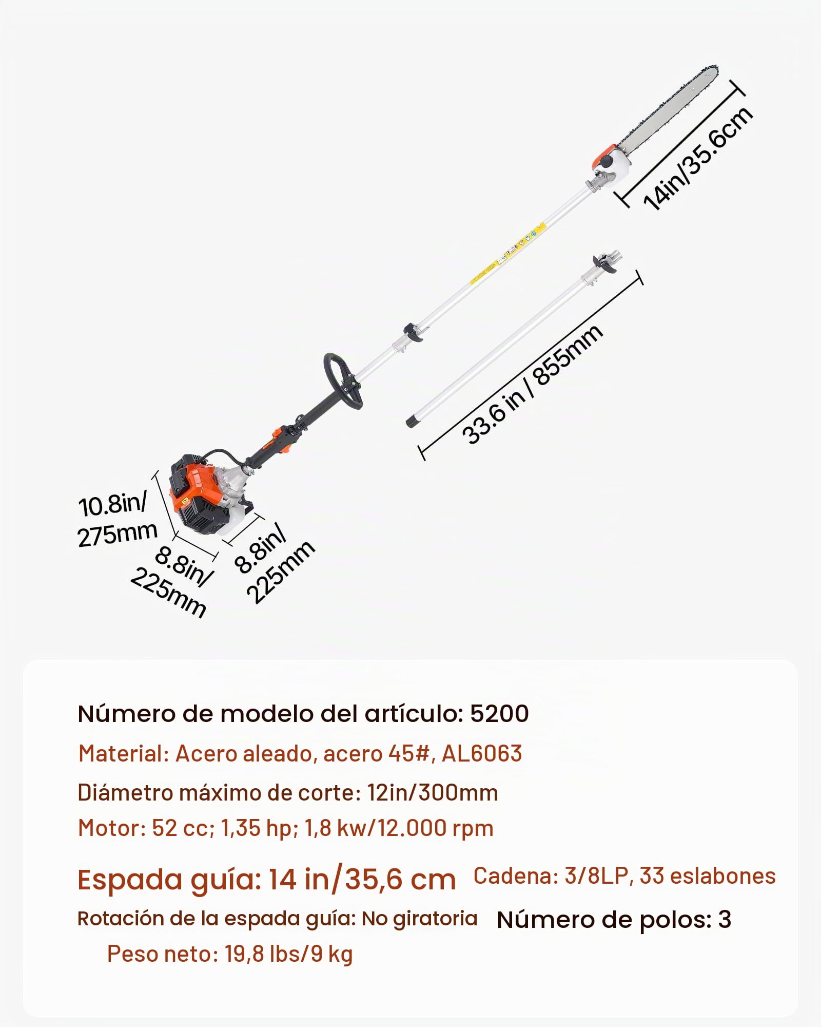VEVOR Motosierra de Pértiga a Gasolina, Motosierra Inalámbrica de 52 cc y 2 Tiempos con Barra de Corte de 35,6 cm, Tanque de Combustible de 850 ml y Extensible de 2,2-2,94 m para Podar Árboles