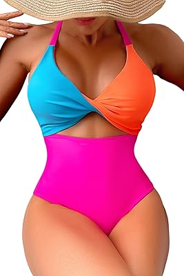 Leoparts Women's Color Block One Piece Swimsuit Sexy V Neck Twist Cutout Monokini High Cut Crisscross Back Bathing Suits