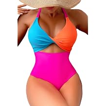 Leoparts Womens Color Block One Piece Swimsuit Sexy V Neck Twist Cutout Monokini High Cut Crisscross Back Bathing Suits