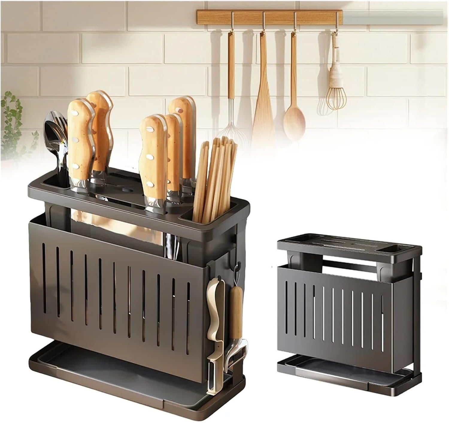 Steel Knife Holder Wall-mounted Countertop Storage With Slots Cutlery Display Organizer(White)