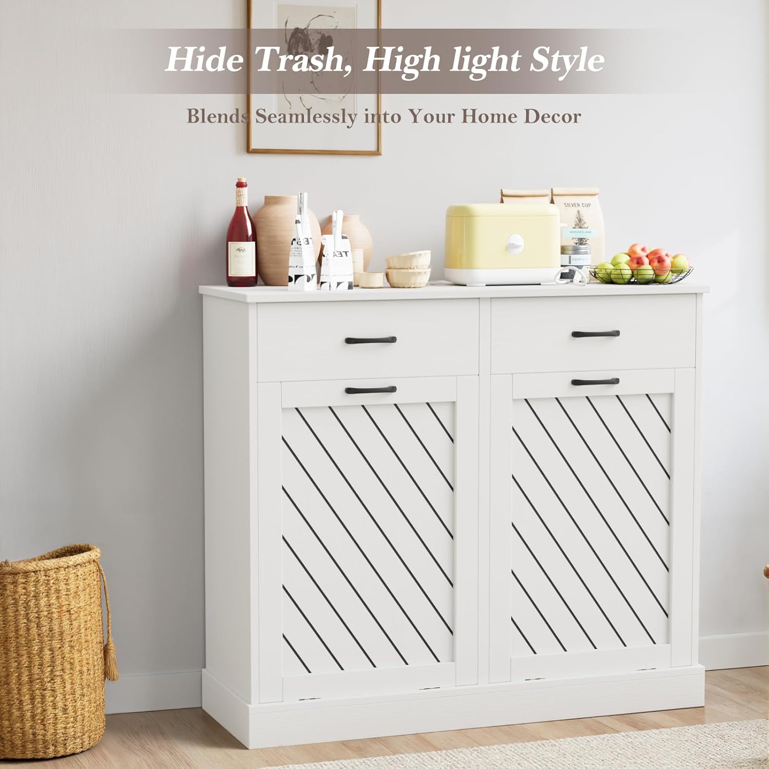 njnj Tilt Out Trash Can Cabinet for 2 Bins, Hidden Trash Can Cabinet with Storage, Dog Proof Cabinets for Kitchen, Living Room, Bedroom