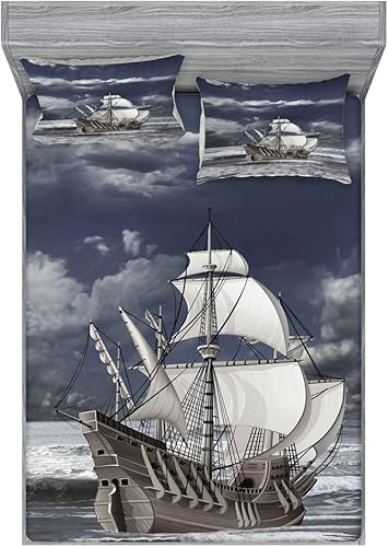 Miniatura 195 de Ambesonne Juego de sábanas bajeras y fundas de almohada, dibujos de aviones antiguos, vuelos clásicos con fechas, estilo vintage, diseño nostálgico,