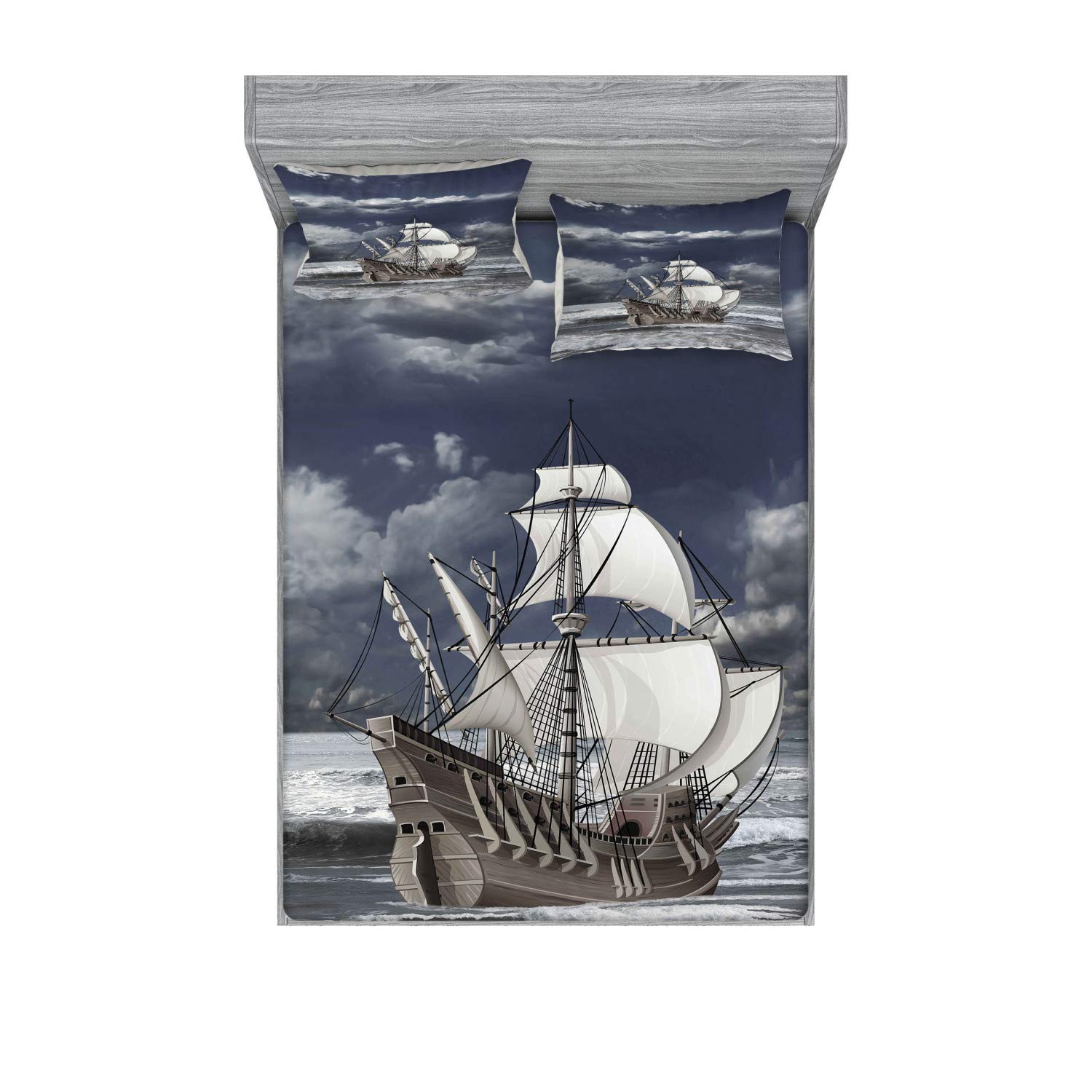 Ambesonne Landscape Fitted Sheet & Pillow Sham Set, Cloudy Sky Caribbean Pirates Ship Oil Print Like Art Image, Decorative Printed 3 Piece Bedding Decor Set, King, Blue Grey Pale Grey
