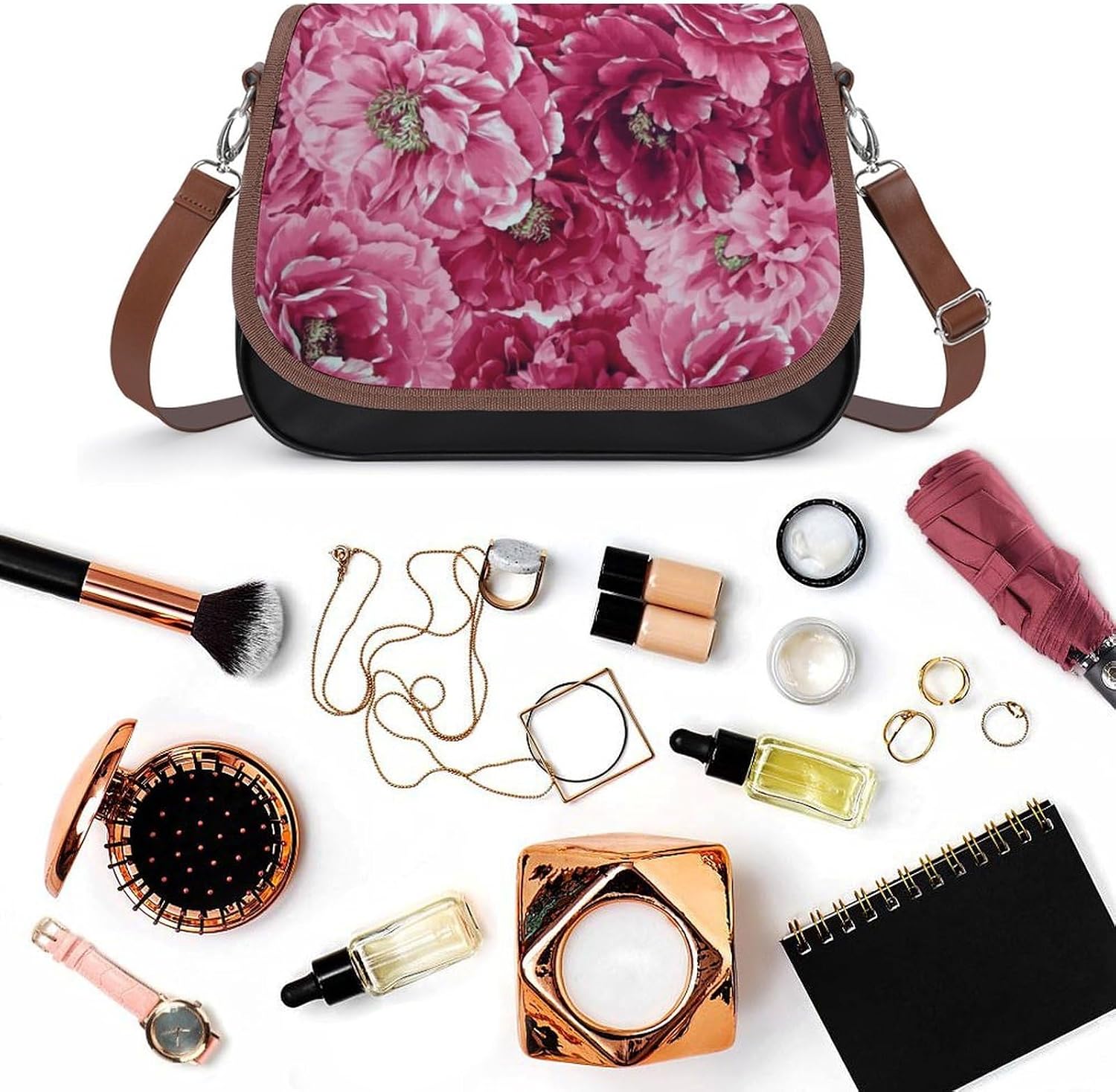 Classic Pink Peonies Clusters FloralWomen's Faux Leather Crossbody Bag, Waterproof Wrinkle-Resistant Shoulder Bag with Detachable Strap, Large Capacity Casual Handbag, Fashion Daily Purse for Shopping
