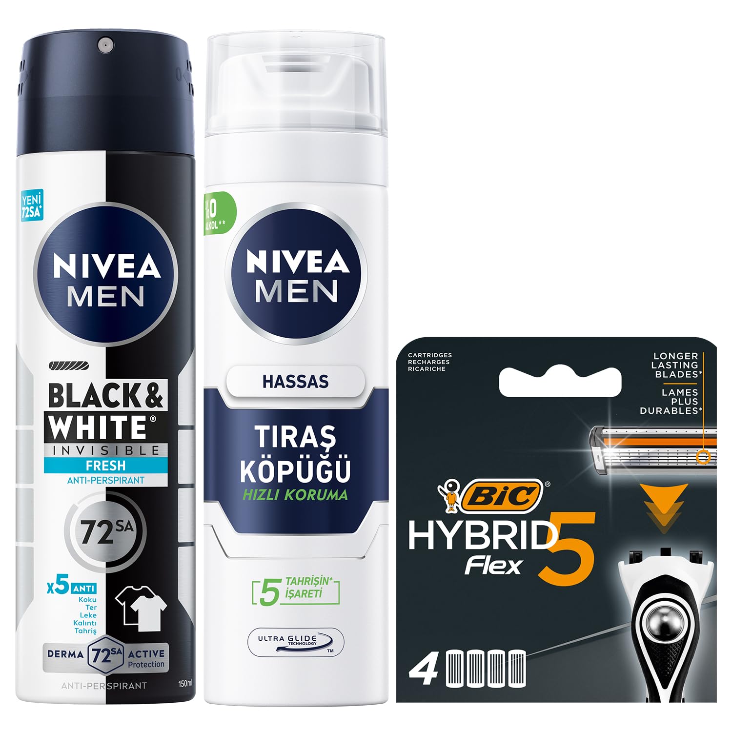 NIVEA MEN Erkek Sprey Deodorant Black&White Invisible Fresh 150 ml + Tıraş Köpüğü 200 ml + BIC Hybrid 5 Flex 4'lü Yedek Tıraş Bıçağı Kartuşu (5 Bıçak)